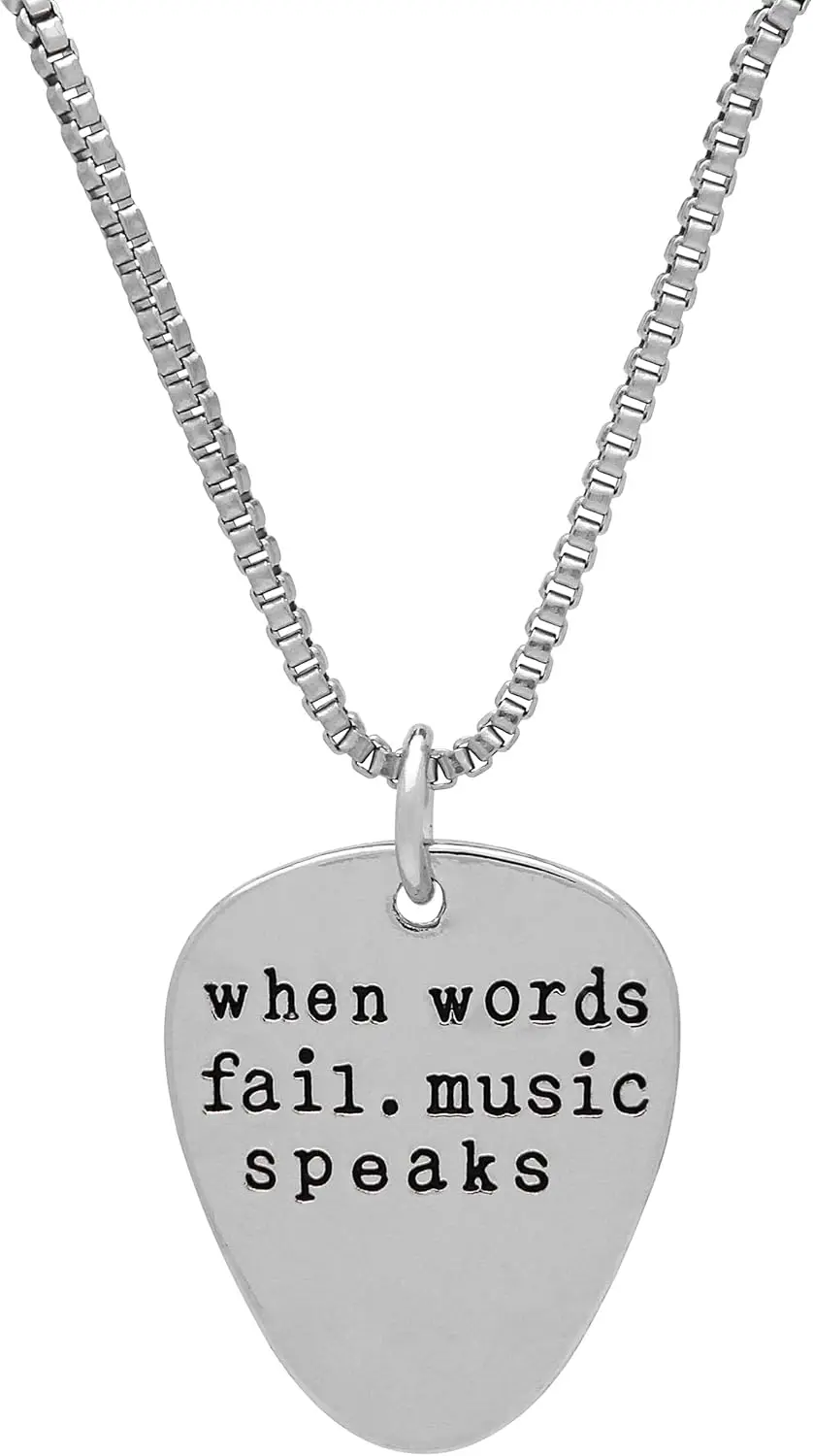 Art Attack When Words Fail Music Speaks Chain Necklace, Electric Guitar Pick Rock N Roll Love Metal Pendant Charm (Silver)