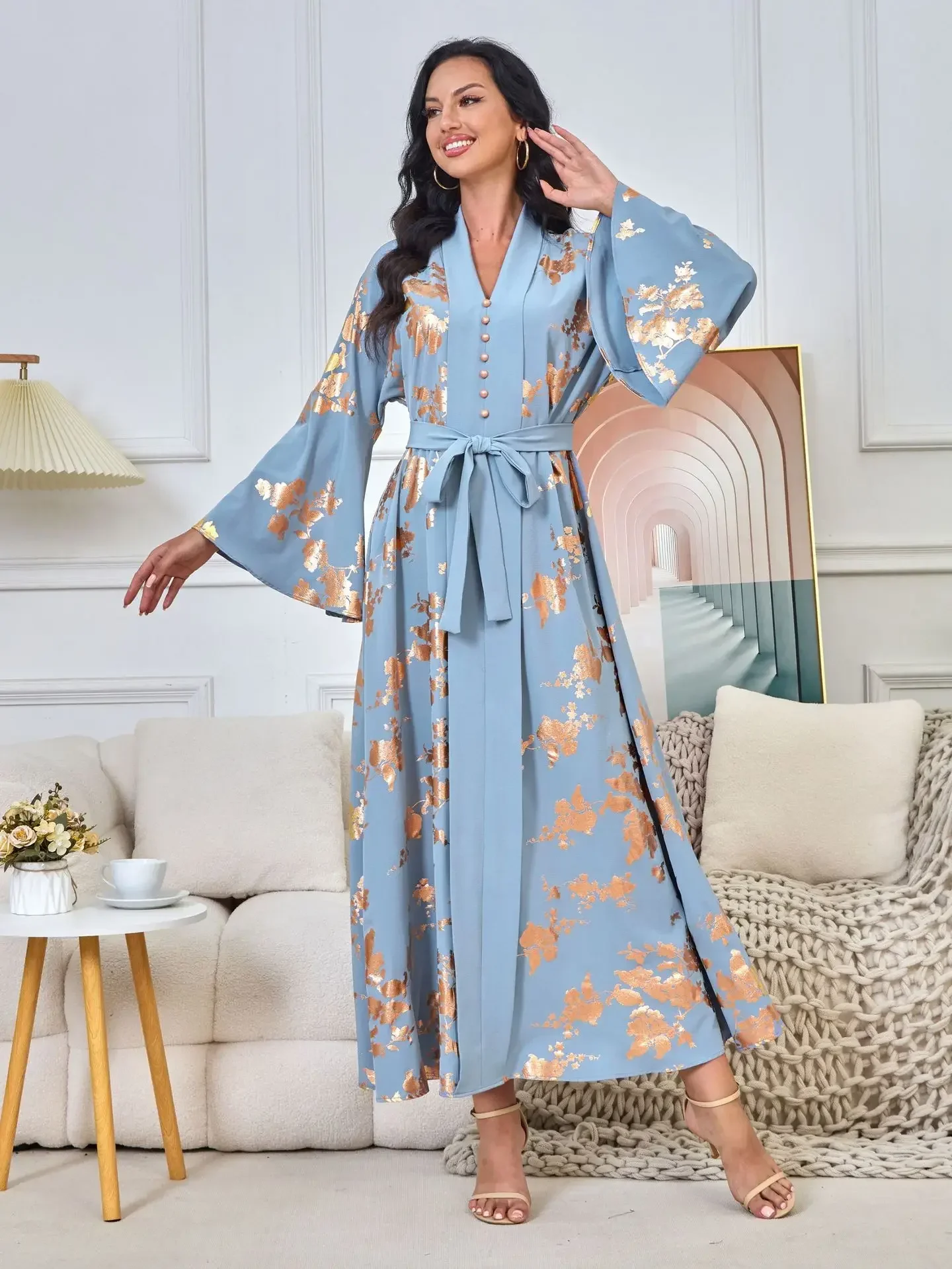 V-neck Long Sleeves Arabia Dubai Abayas Dress Print Muslim Dress Women Lace-up Dresses for Women Kaftan Femme Musulman Vestidos