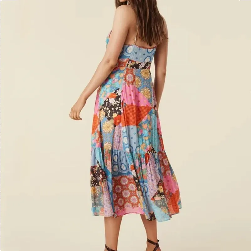 2023 BOHO Contrast Color Flower Print Midi Long Sling Dress Hippie Women Single-breasted Buttons Ruffles Hem Slit Robe Holiday