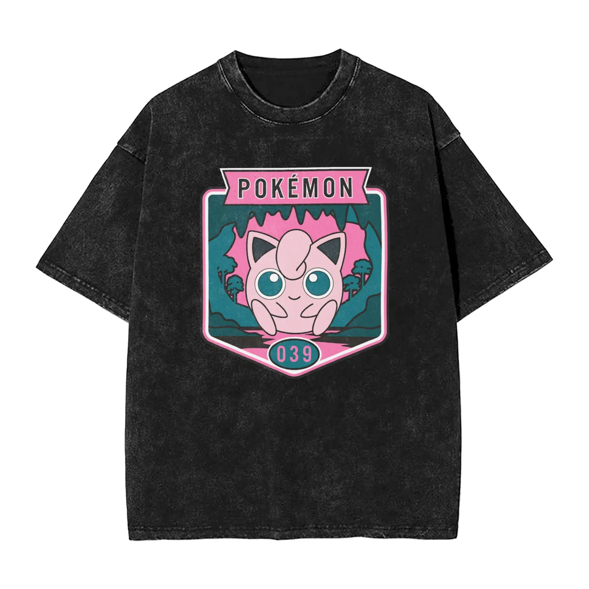 Pokemon Jigglypuff Men's T Shirts Washed  Vintage Tees Short Sleeve Crew Neck T-Shirt 100% Cotton Birthday Gift Clothes