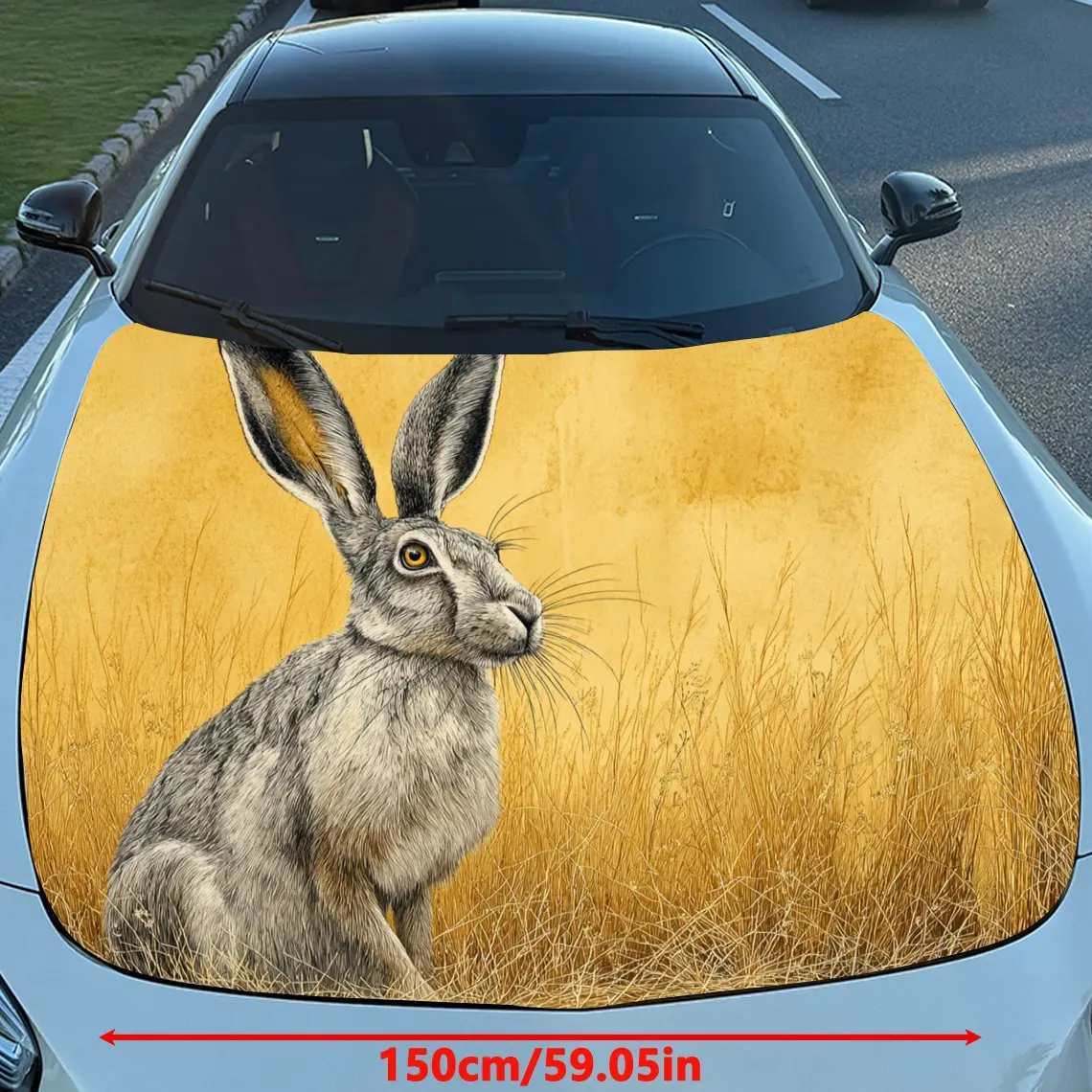 Car Decals Long - Eared Hare with Fluffy Fur in Golden Wheat Field Car Hood Sticker, Waterproof Self - Adhesive Vinyl Graphics D