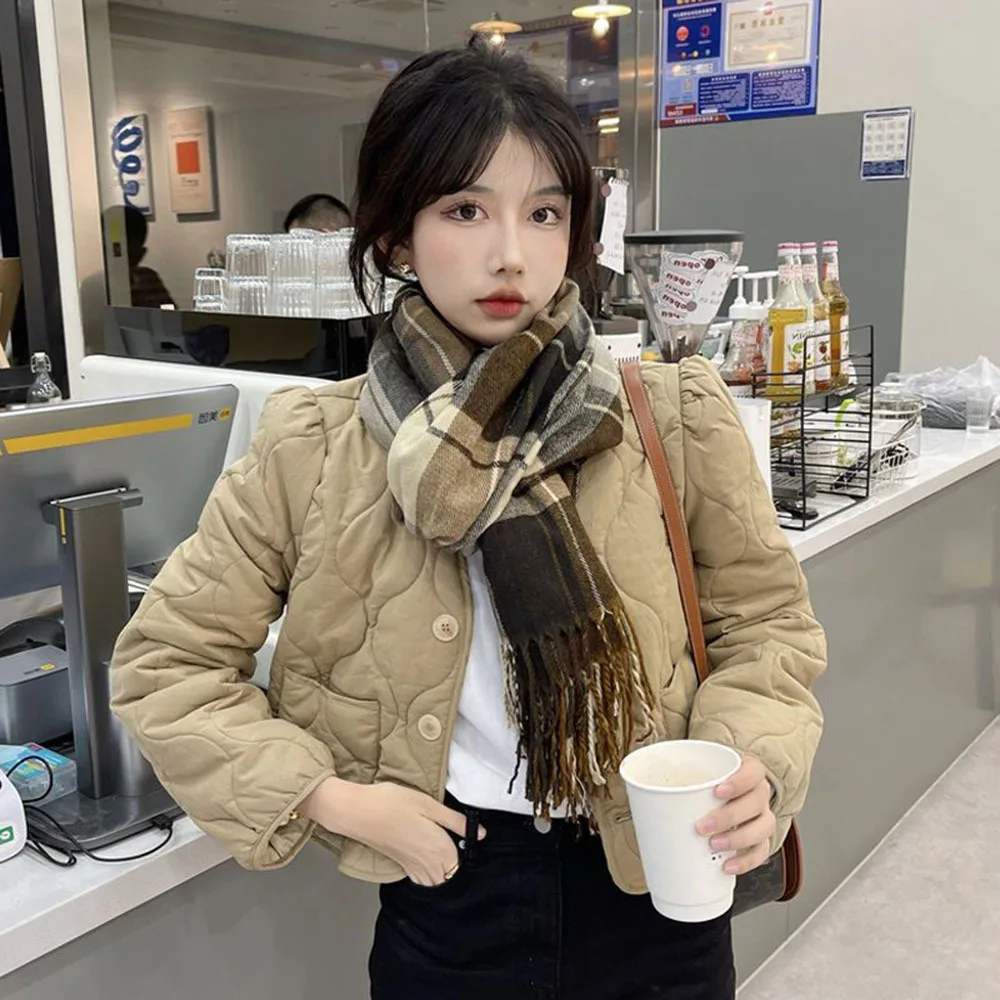 Korean Style Lightweight Parkas Women's Jacket Autumn Spring Fashion Khaki High Waist Ladies Elegant Quilted Short Cotton Coats