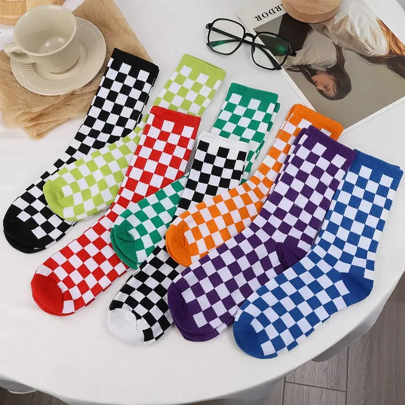 Korea Harajuku Fashion Women Checkerboard Socks Geometric Checkered Socks Men Hip Hop Cotton Unisex Streetwear Sock