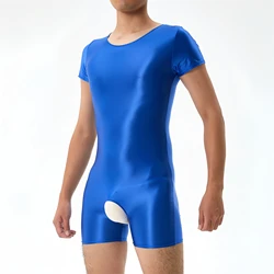 Macacões elásticos de peça única para homens, sleepwear sexy, bodysuit liso a óleo brilhante, calças justas de ganga aberta, lingerie de mangas curtas, monocromático