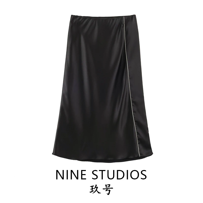 High Waist Silk Satin Midi Skirt Casual Color Block  Detailing Women's A-Line Skirt Elegant Feminine Lengthened Silhouette
