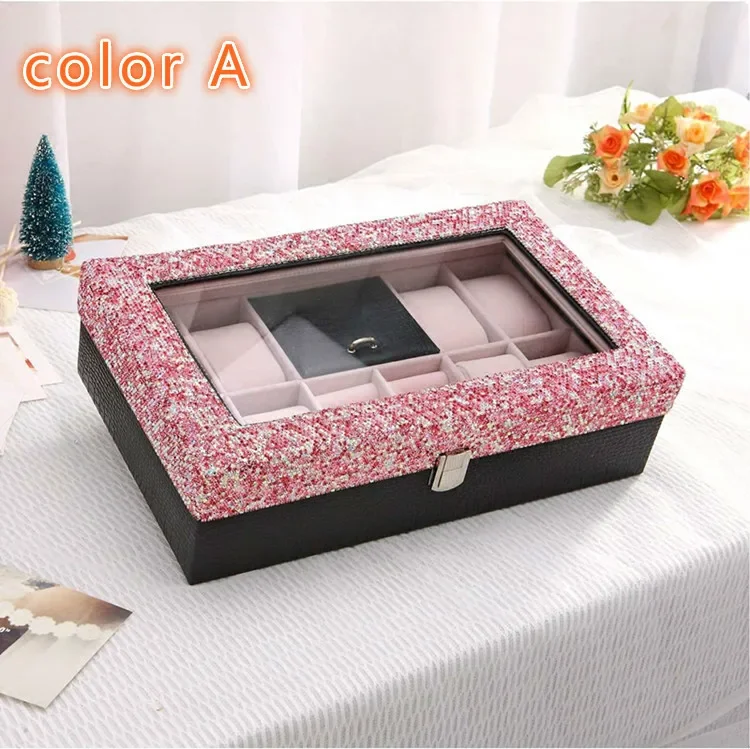 Fashion diamond-studded leather jewelry box with lock watch ring box necklace jewelry storage box gift for car for home