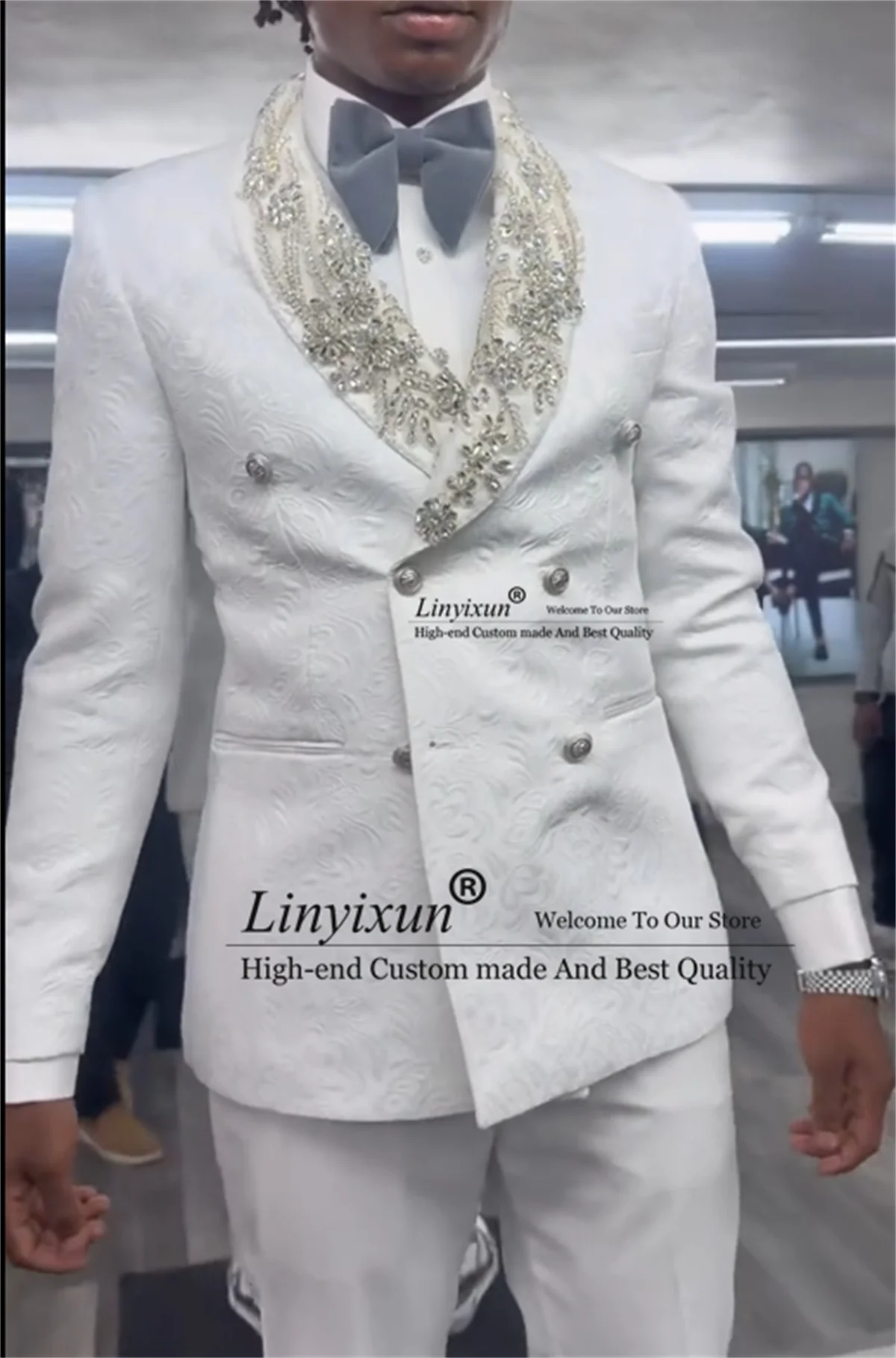 

Мужские костюмы с блестящим орнаментом и стразами, тонкий жаккардовый костюм Homme, комплекты из 2 предметов, вечерние пиджаки для жениха, свадебные смокинги по индивидуальному заказу