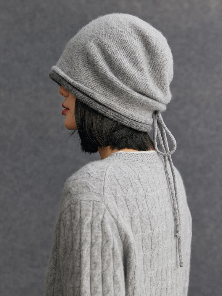 TLOML 新しいレディース100%カシミヤ製ダブルエッジデザインカールエッジハット、帽子を暖かく保つ秋冬用ソフト厚手カシミヤニット帽