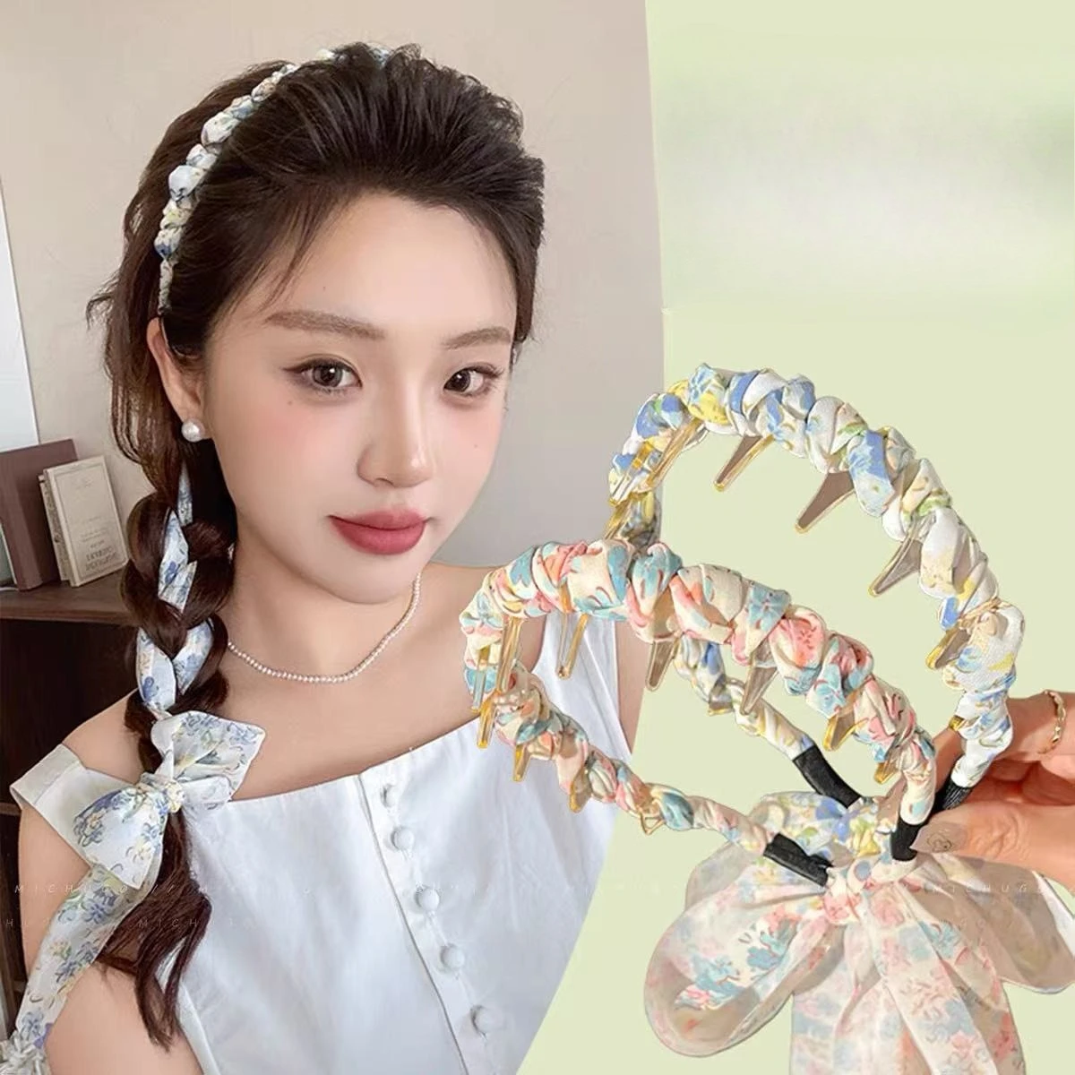 Summer Floral Ribbon Bow Headband for Women  High-Crowned Hair Clip with Teeth Braided Hair Accessories
