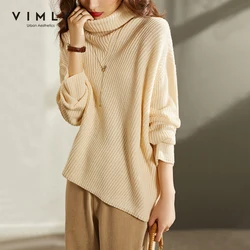 Vimly Winter Turtleneck Sweater for Women 2023 Asymmetrical Hem Pullover Knitwear Fashion Loose Long Sleeve Knit Tops Clothing