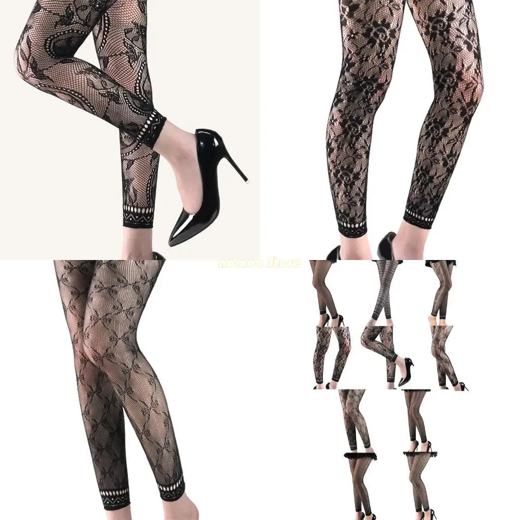 31BF Women Sexy High Waist Footless Leggings Flower Jacquard Patterned Mesh Net Tights Black Ankle Pantyhose Stocking