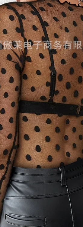 Dames Lente Zomer Polka Print Mock Neck T-shirt Sexy Sheer Mesh Slim Fit Blouse Top