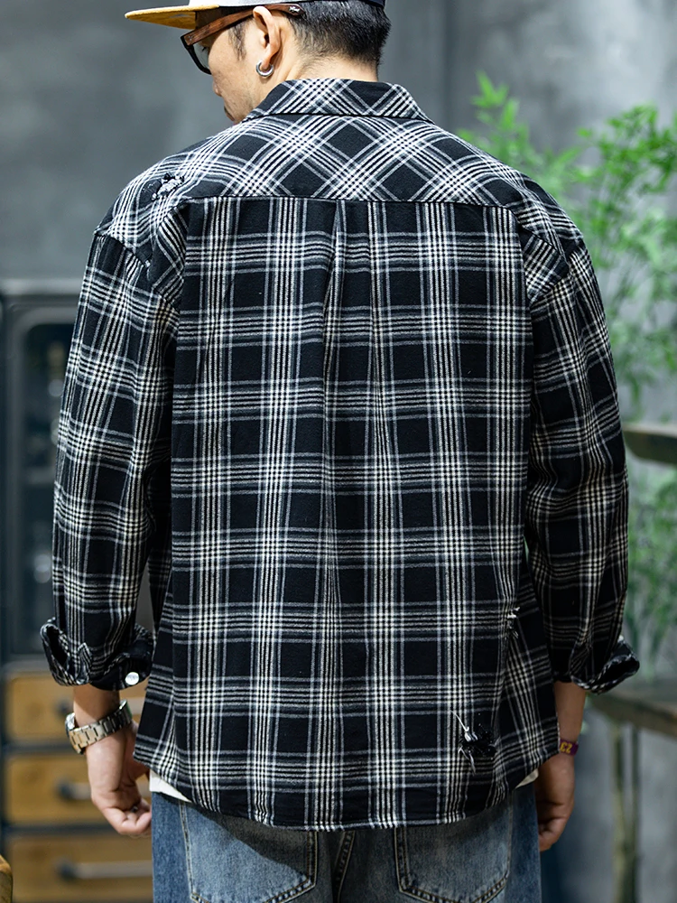 Loose Fit Men's Plaid Shirt Long Sleeve Tear Casual Outerwear Spring Autumn Cotton Youth Wear Torn Hole Design Color Woven