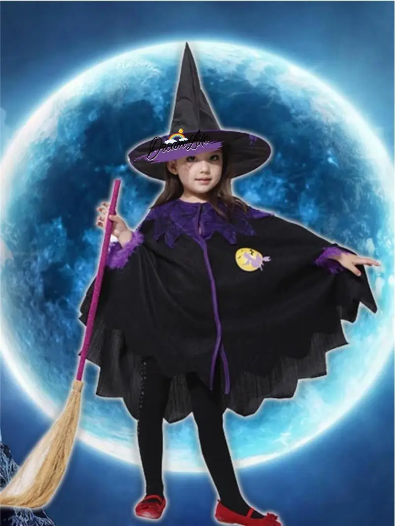 Fsia de Bruxa para Apresentação Infantil de loween, Conjunto de Capa e Roupa de Bruxa para Meninas, Fsia de Pequen...