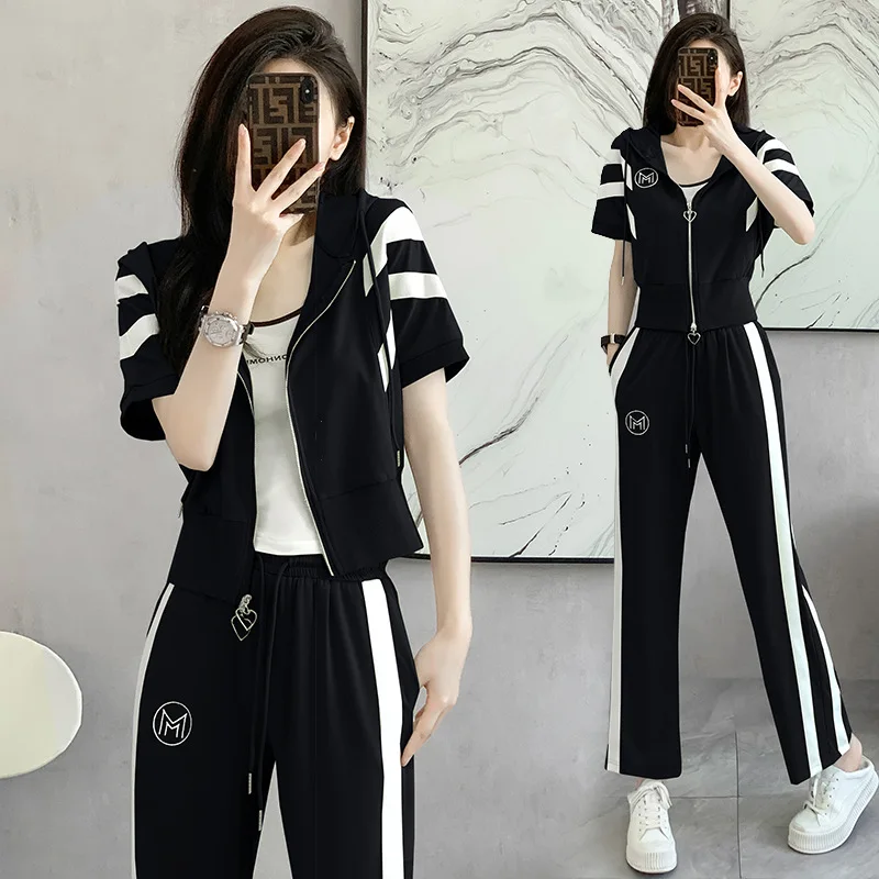 Cotton Women Sporting Suit Korean Style Jacket Hoodie Sweatshirt Loose Long Wide Leg Pant Running Jogger Casual Outfit Tracksuit