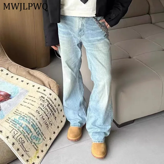 

MWJLPWQ New Washed Vintage Blue Flared Jeans Men's High Street Distress Texture Design Bottom Unisex Slim Casual Trousers 11109