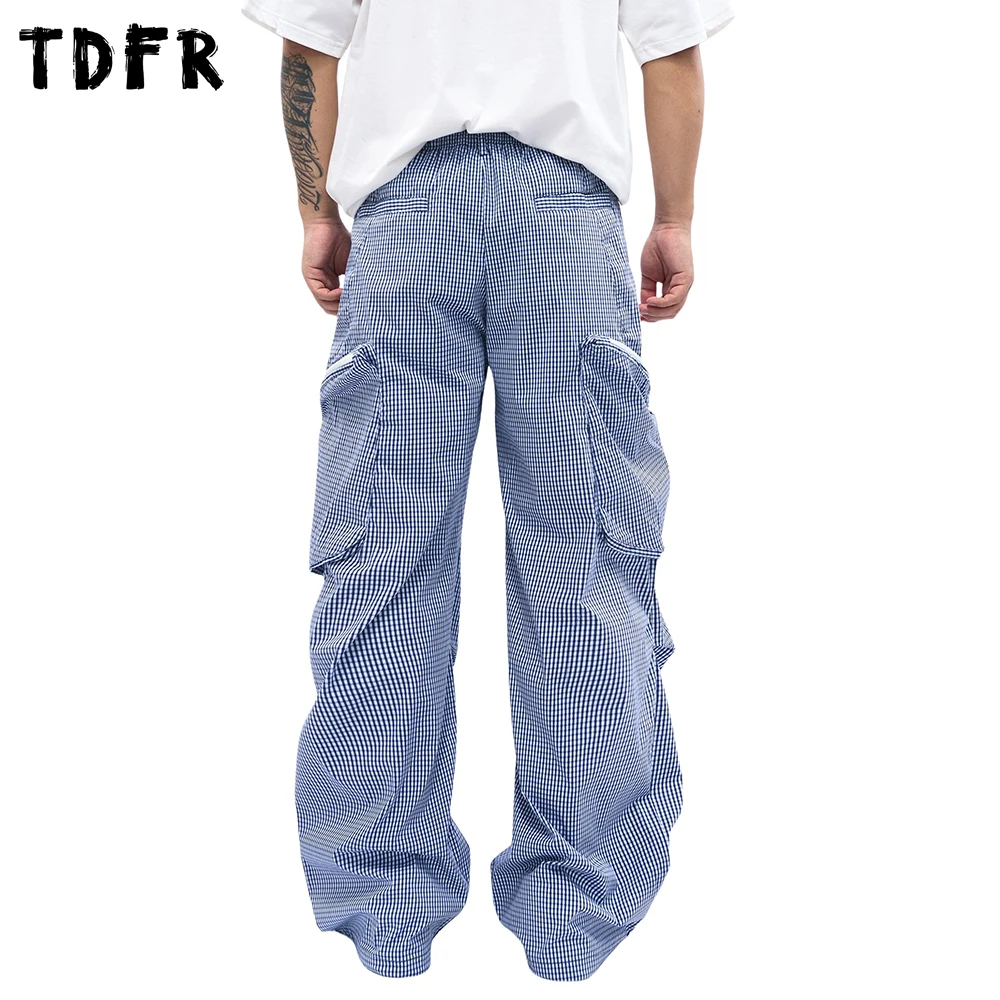 กระเป๋าลายสก๊อตกางเกงลายสก๊อต Mens Retro Casual Elastic เอวจีบตรงขากว้าง Baggy กางเกง Man