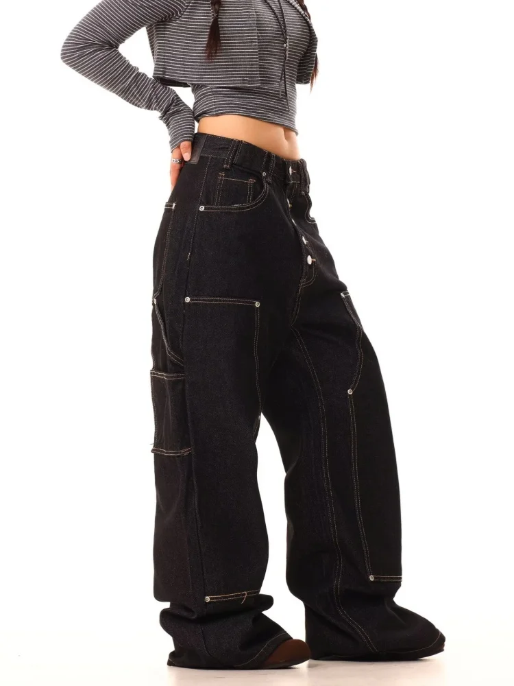 2025 pantalones vaqueros Cargo holgados negros estilo Retro americano Y2K para mujer, ropa para mujer, pantalones vaqueros rectos de algodón