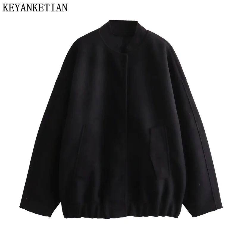 

KEYANKETIAN Winter New Women's Woolen Cloth Loose Bomber Jacket Short Black Coat Pockets Single Breasted Thick Outerwear Top