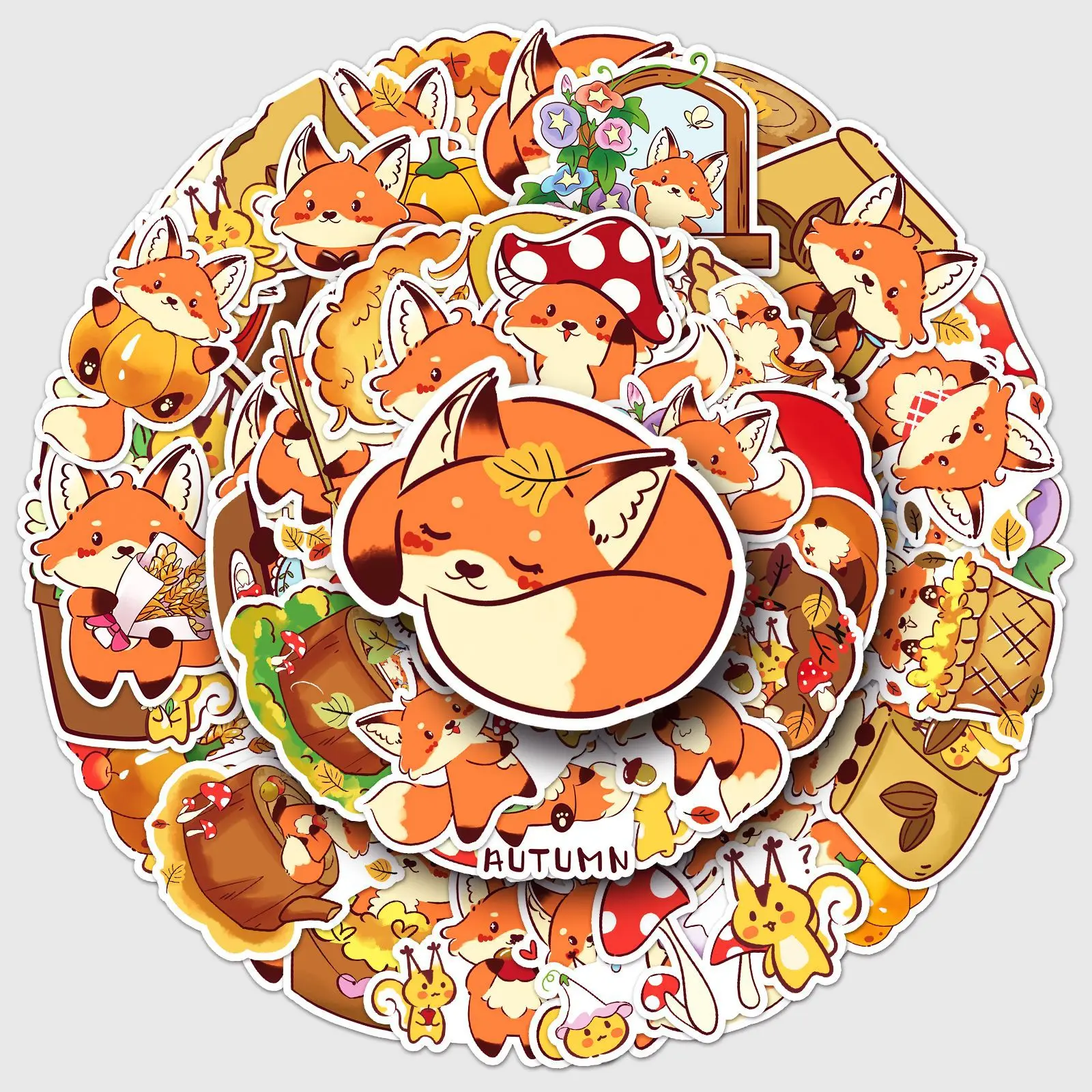 

50 original autumn graffiti stickers of little foxes, cartoon cute hand drawn animal decorations, mobile phone water cup stickers