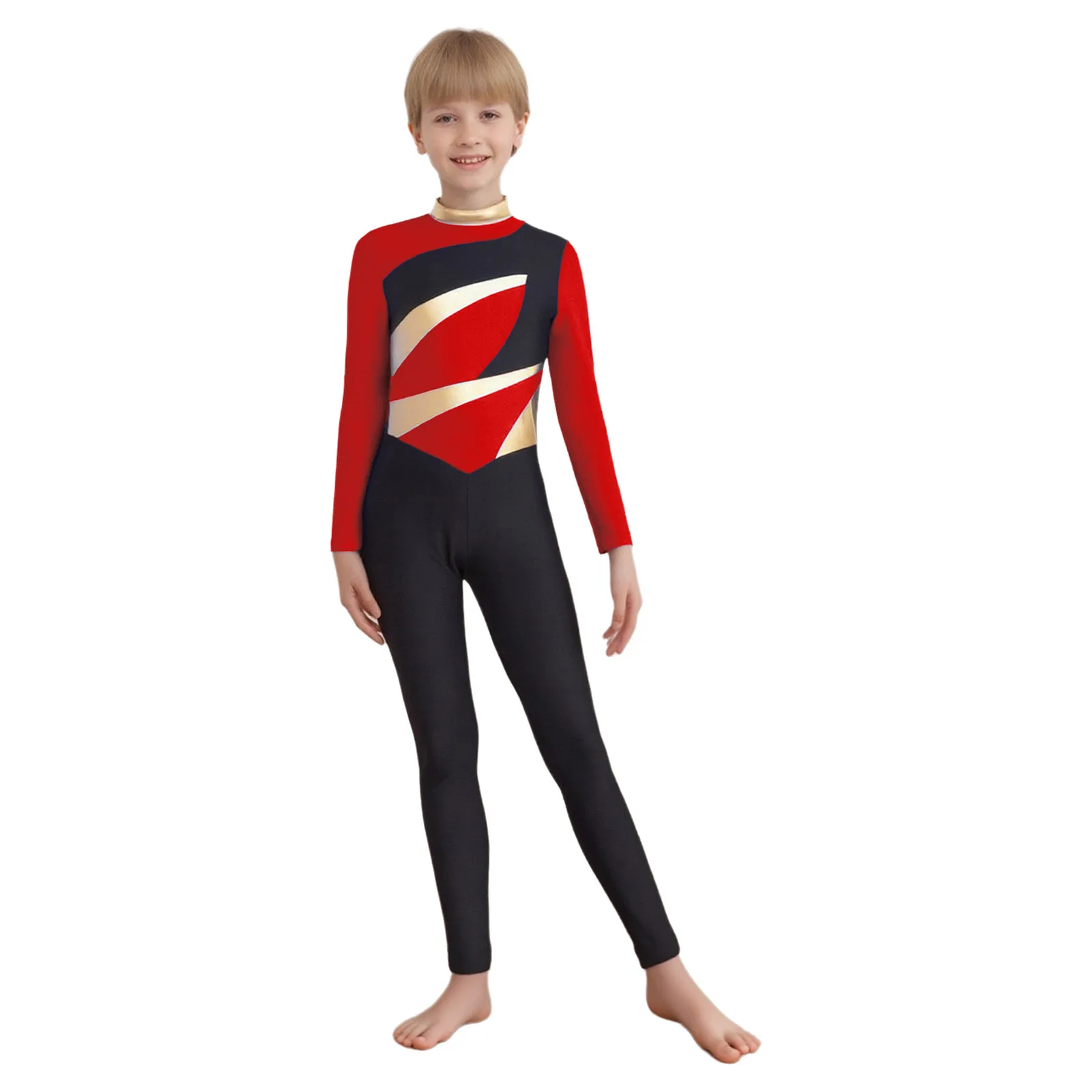 

Kid Boys Dance Leotard Gymnastics Jumpsuit Rhinestones Figure Skating Rhythmic Costume Long Sleeve Rompers Performance Dancewear