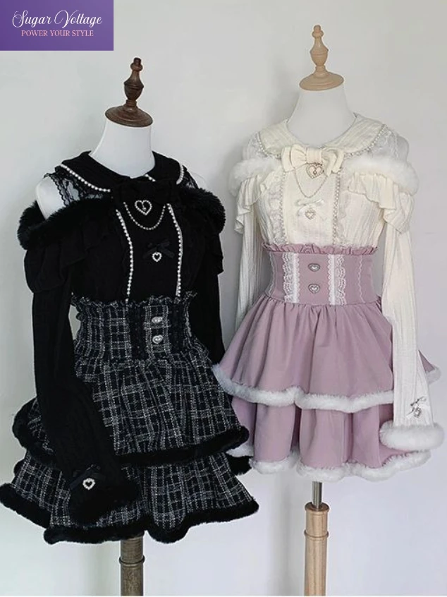 

Japanese Sweet Cute Lolita 2 Piece Set Women Slim Pearl Lace Bow Top + High Waist Skirt Kawaii Y2K Fashion Chic Popular Clothes