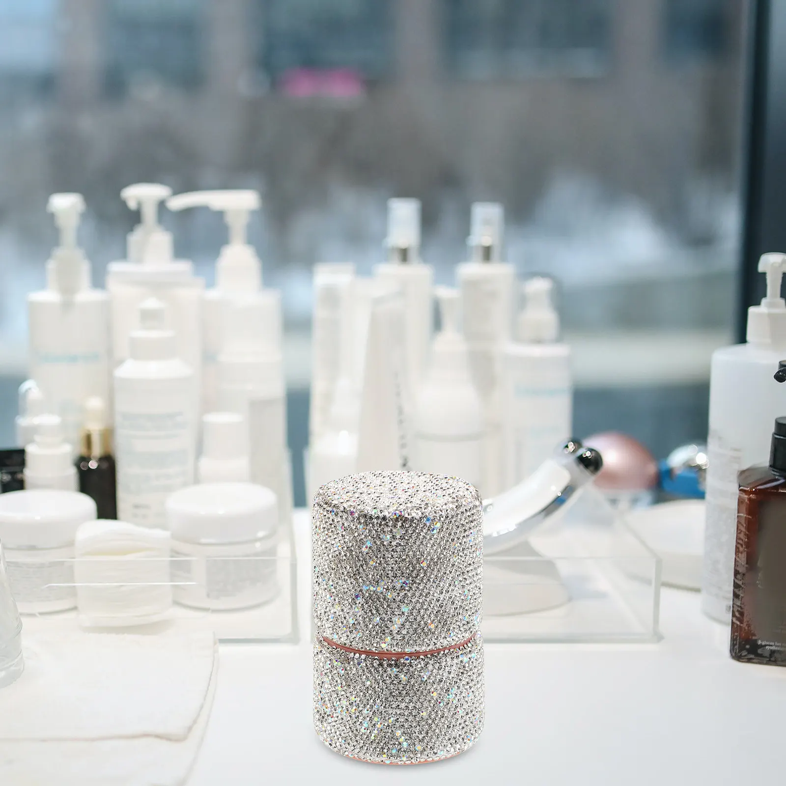 مجموعة منظم فرش المكياج المزين بالكريستال اللامع، حافظة محمولة للسفر، حامل لفرش الوجه والعين والبودرة