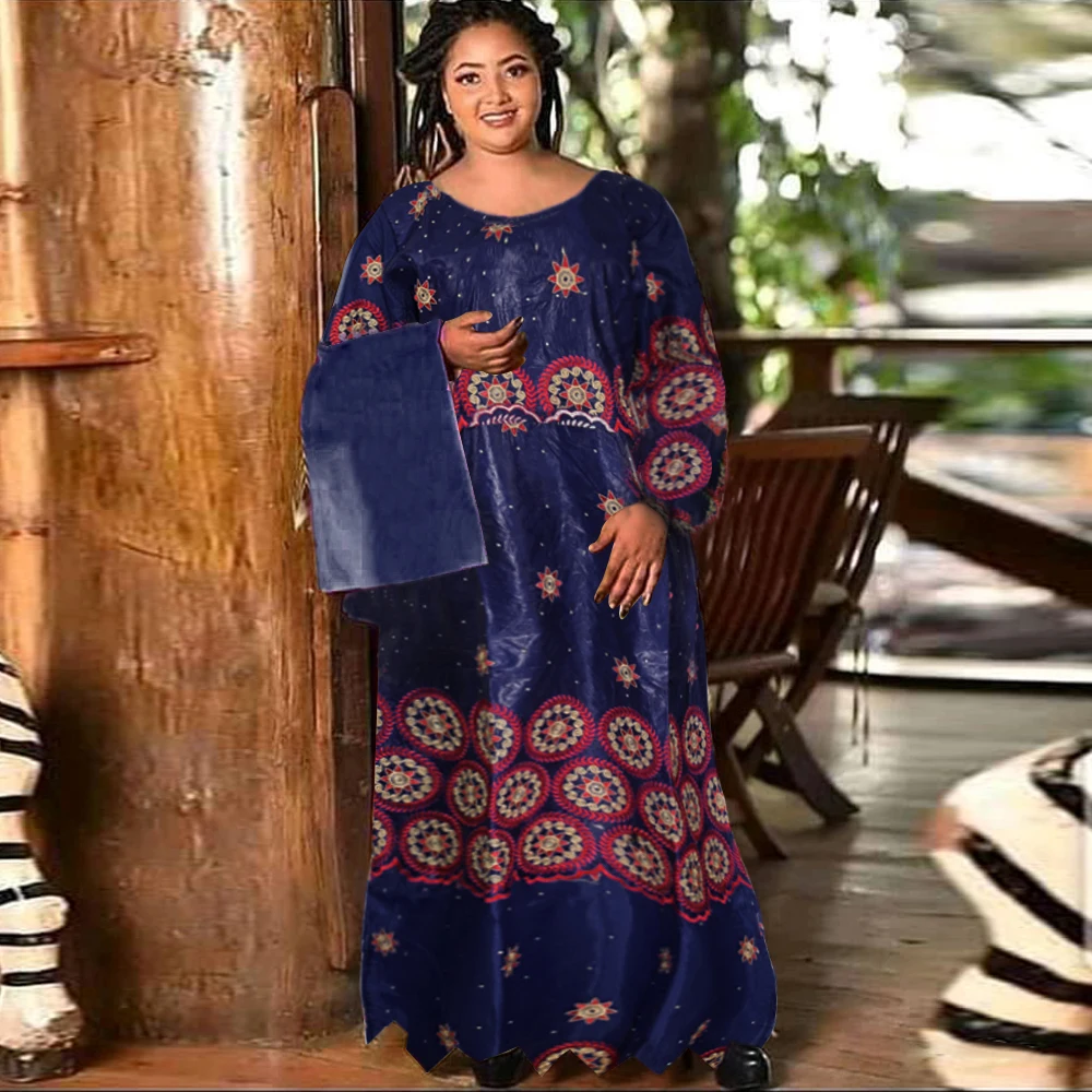 

H&D African Dresses For Women Embroidery Bazin Floral Boho Dresses Ankara Rich Long Robes Nigeria wedding Ramadan