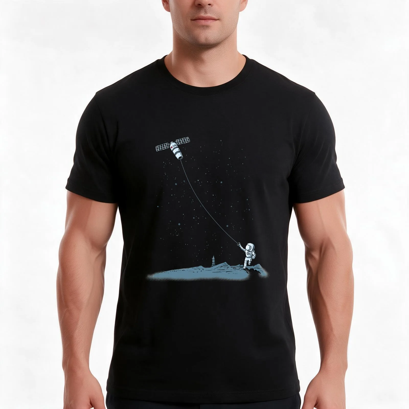 Satellite Kite T-Shirt, Summer Casual Cotton Tee, Oversized Streetwear Tops, Vintage Graphic Print, Loose Fit Short Sleeve