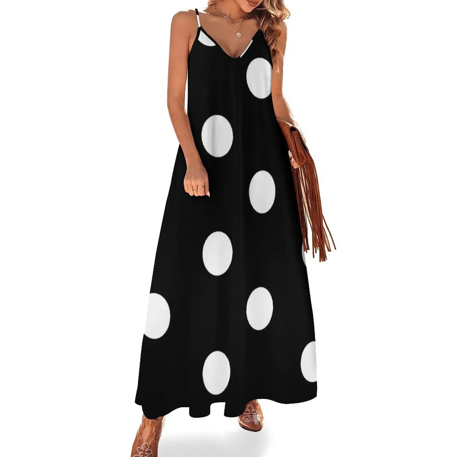 

Big White on Black Polka Dot Sleeveless Dress evening dress Long dress woman Prom gown korean style