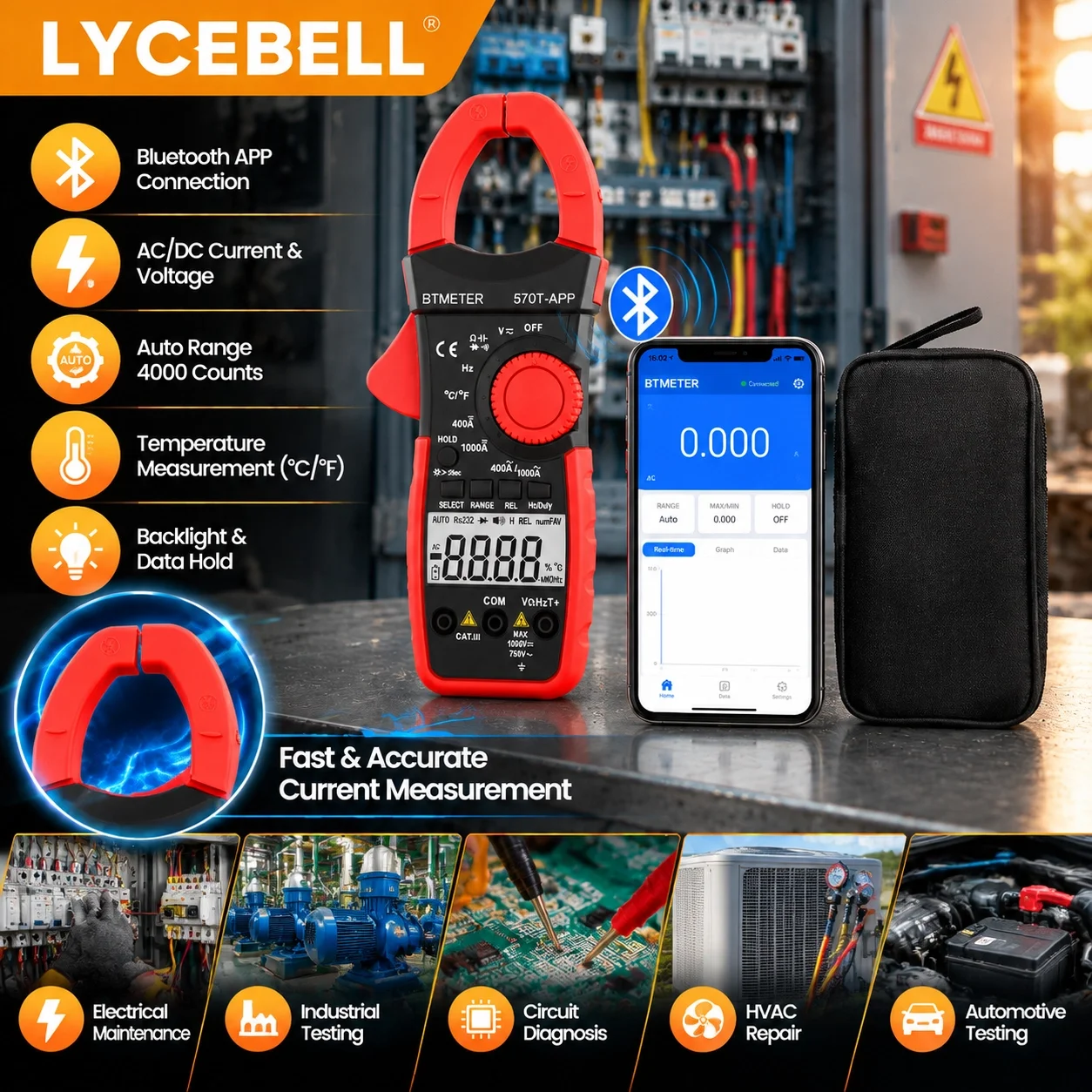 BTMETER 570T Smart AC/DC Clamp Meter 1000A 4000 Counts True RMS Bluetooth APP Data Logging for Electrician