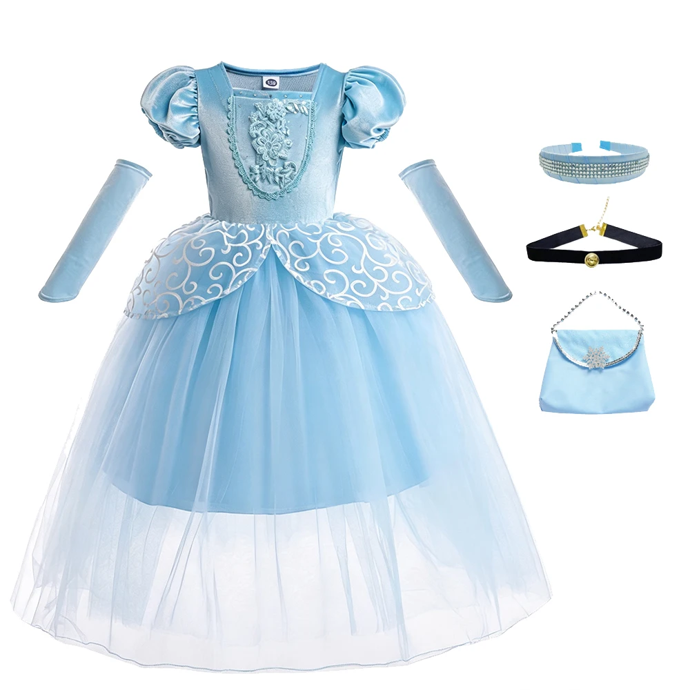 Cinderella Blaues Kurzarm-Kleid Komplettset mit Langen Handschuh-Ärmeln für Mädchen Geburtstag Ball Halloween Cosplay Kostüm – Detail 7
