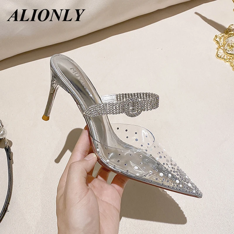 

Alionly 2024 New Pointed Toe High Heels Shoes For Women Stiletto Transparent Sandals Crystal Shallow Mouth Rhinestone Slippers