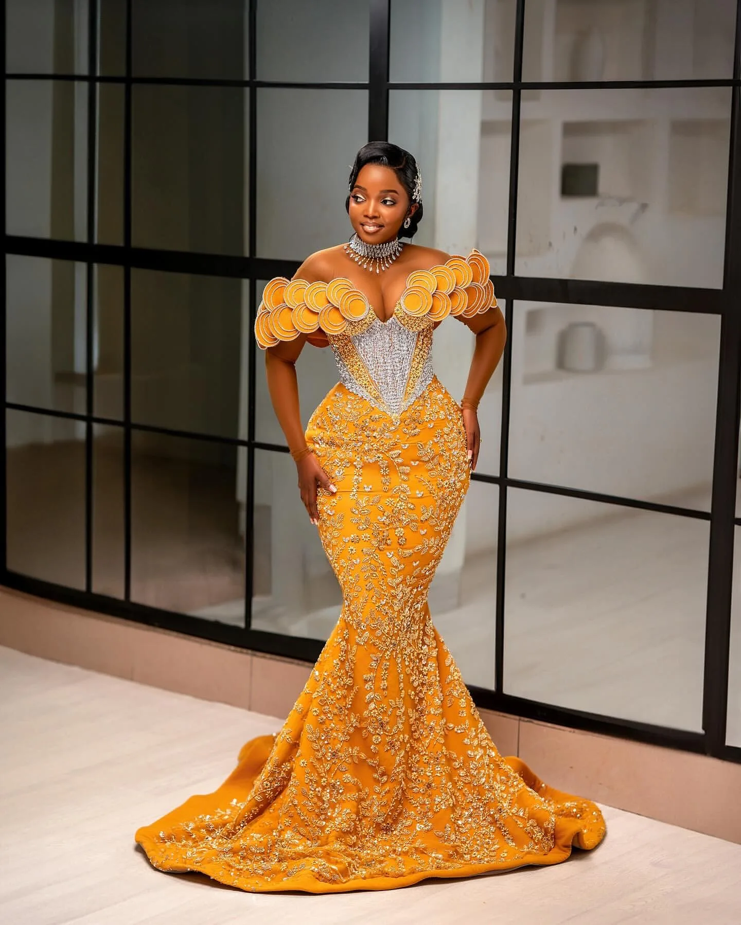 2024 Aso Ebi African Yellow Mermaid Prom Dresses Lace Rhinestones Florals  Evening Party Second Engagement Birthday Gowns Dress