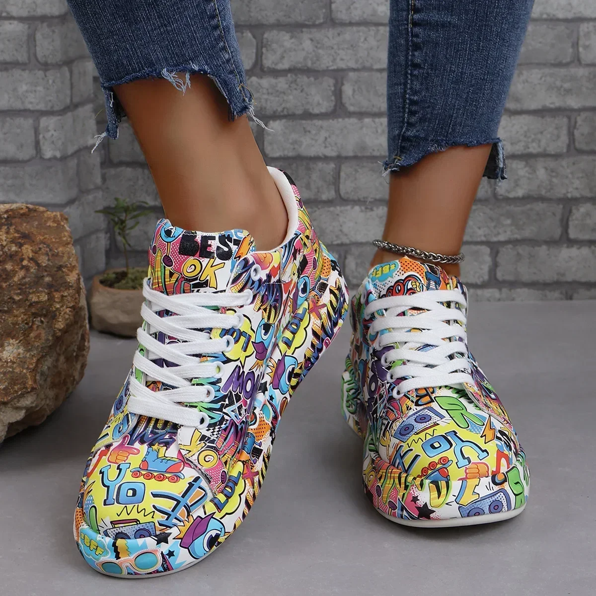 Moda damska gruba podeszwa obuwie nowe modne Graffiti pojedyncze buty antypoślizgowe odporne na zużycie miękka podeszwa płaskie buty sportowe