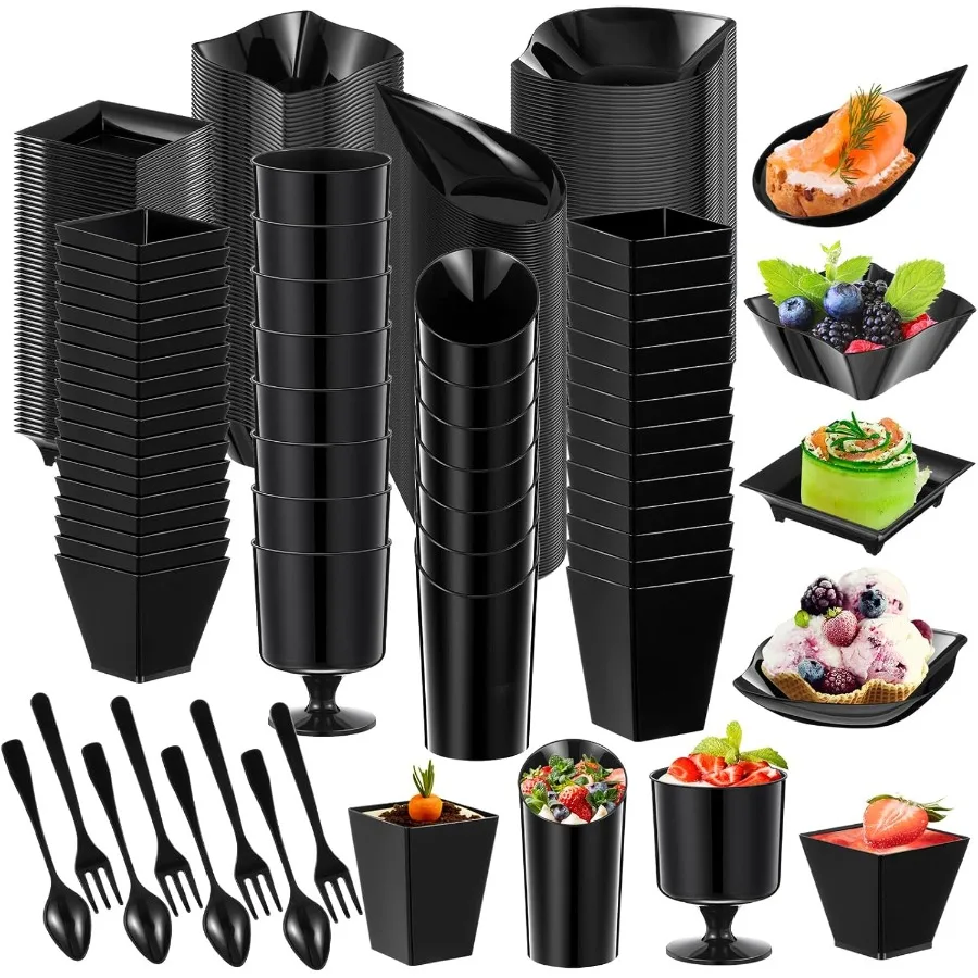 

Tessco for you 800 Pcs Mini Appetizer Plates Dessert Cups Spoons Forks Set Dessert Containers Assorted Shape Plastic Parfait Cu