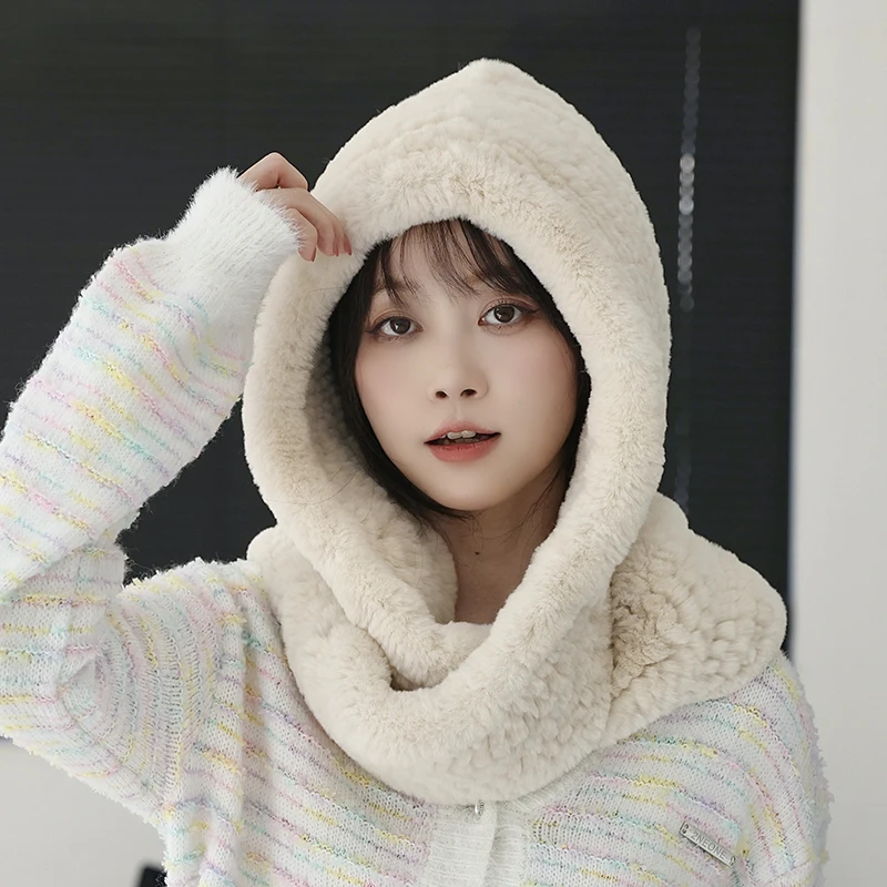 Besfilin Real Rex Rabbit Fur Woven Hat Scarf Integrated for Women,  Keep Warm Ear Protection, Windproof Outdoor, Autumn Winter