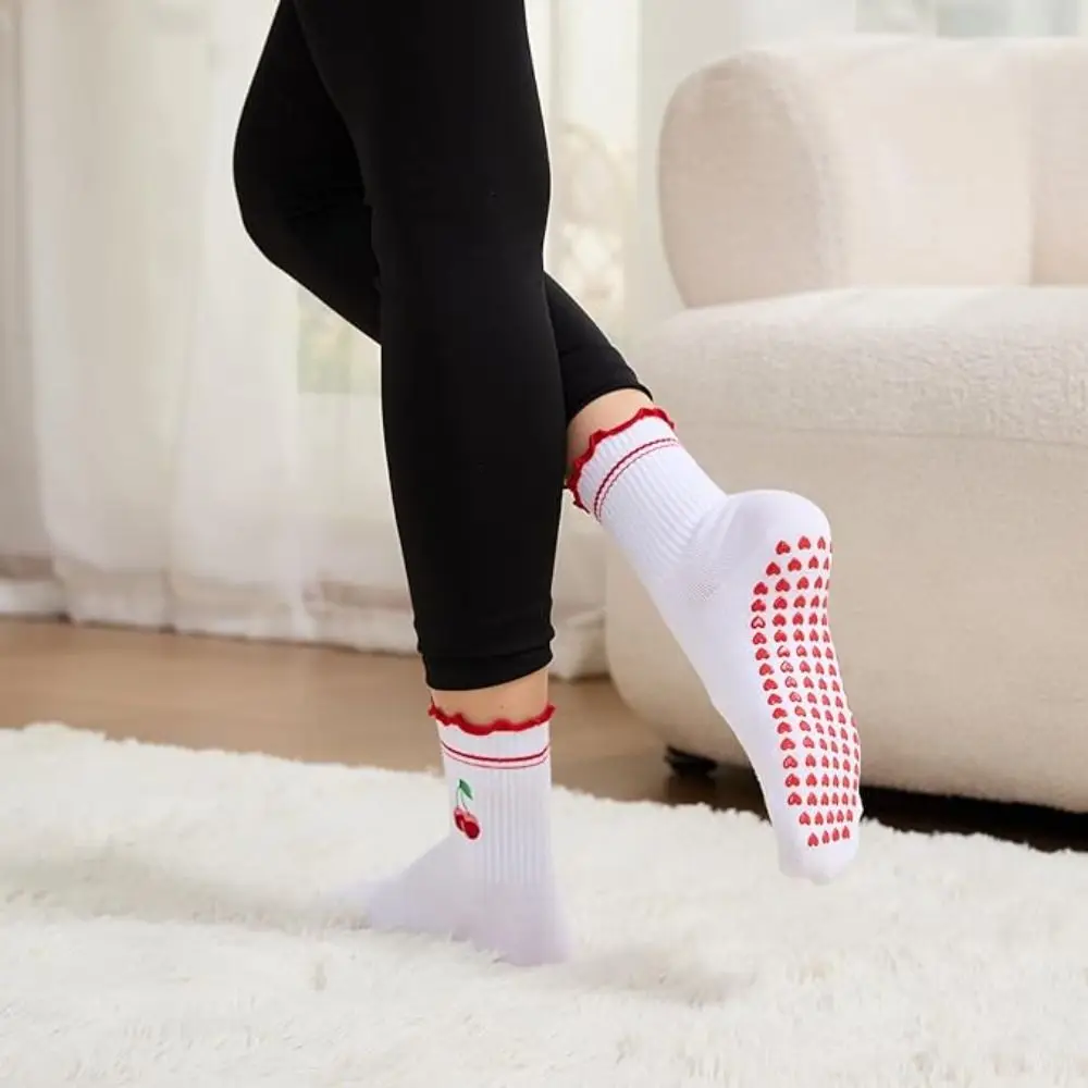 New Cotton Pilates Socks Harajuku Street Breathable Cherry Embroidery Socks Casual Non-Slip Grip Mid Tube Socks