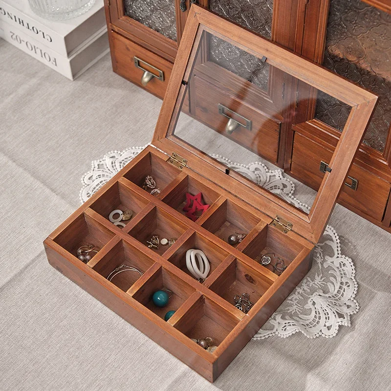 12-Grid Retro Solid Wood Jewelry Box Acrylic Key Organizer Transparent Division Lattice Makeup Storage See-Through Division