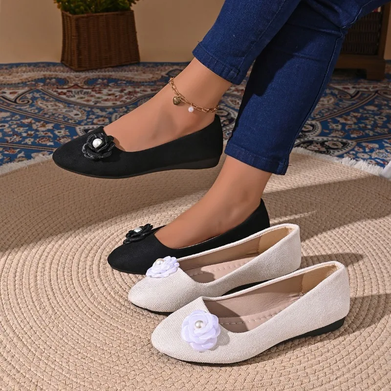 Vintage Style Shallow Mouth French Single Shoes Women's Pearl Flower Ballet Soft Slip-On Flats