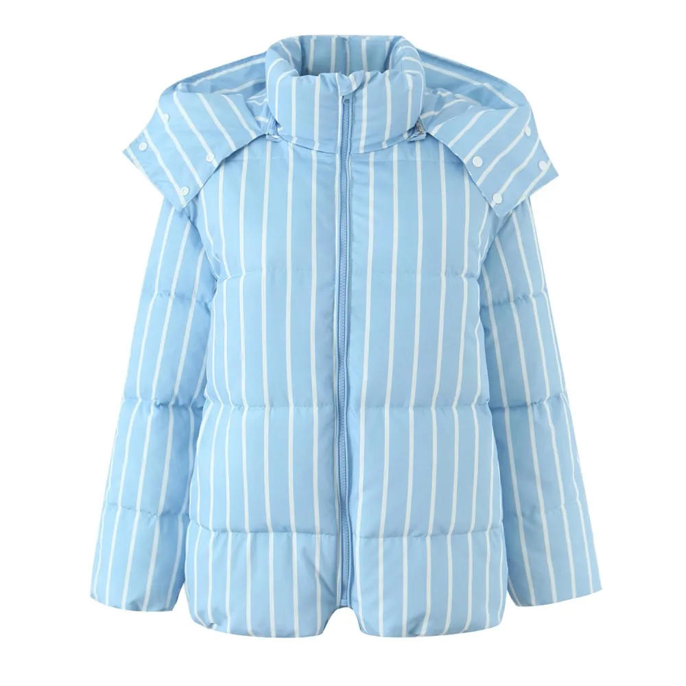 New Winter Women Stand Collar Contrast Color Stripes Parka Coat Removable Hooded Zip up Full Sleeve Bread Outerwear CHIC Blue