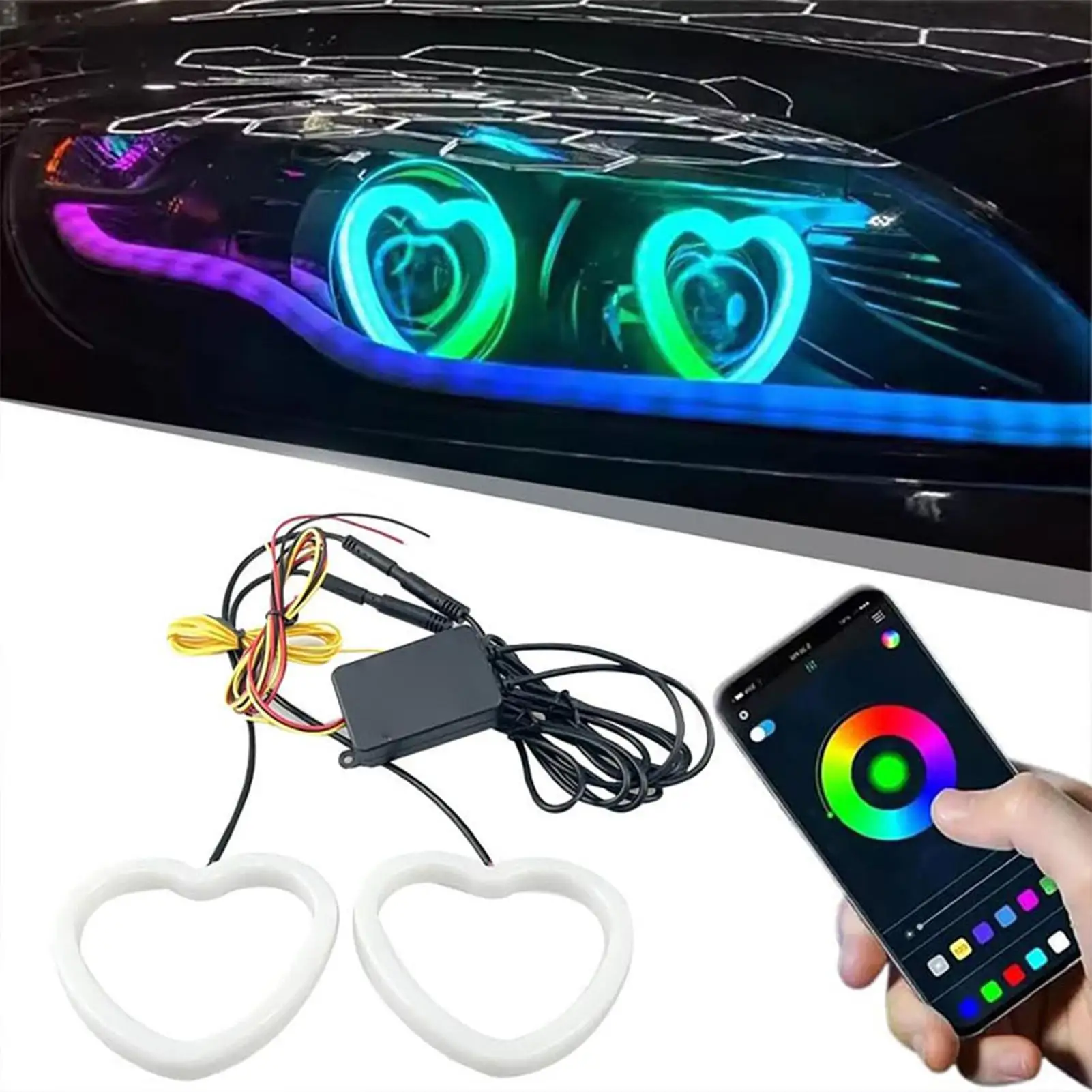 LED Headlight App Control RGB Heart Decorative Car Accessories Love Shape Fog Light For Truck Motorcycle RV Sedan SUV Pickup Van