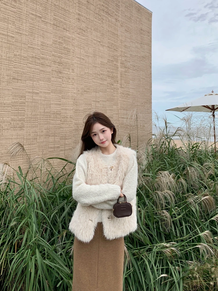 

BBen Women's Faux Mink Vest Jaet Inteated Leather Fur f-Ripe Autumn New Sle 2025 Button round Ne Long Sve Coat