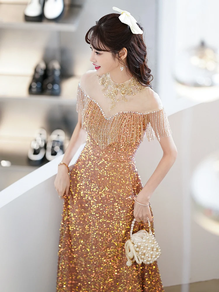 Women Sparkling Sequined Evening Dress Female Temperament Vestidos Beaded Tassel Off The Shoulder Host Formal Banquet Dresses