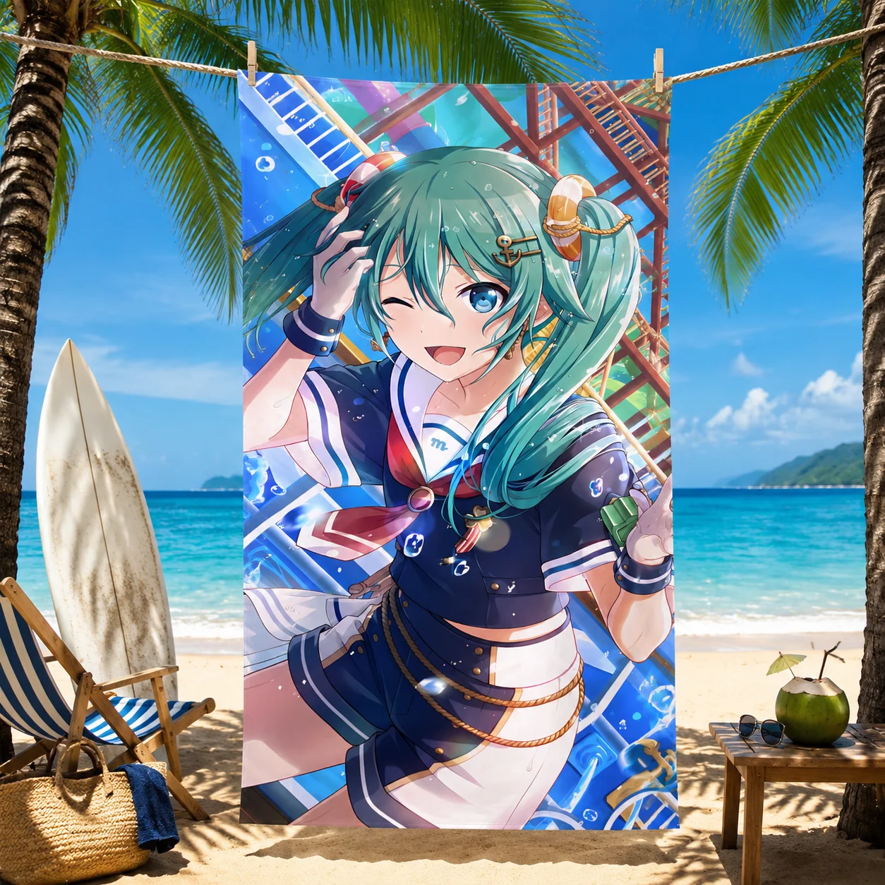 Hatsune Miku Navy Sailor Beach Towel, Anime Girl Microfiber Quick Dry Sand-Proof Towel for Pool Gym Summer Vacation
