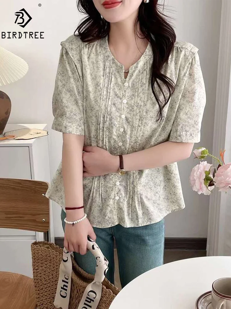 

New Spring Cotton Sweet Casual Shirt Women O Neck Short Sleeve Floral Top Girl Loose OL Commute Blouses 2024 Summer T45633QM