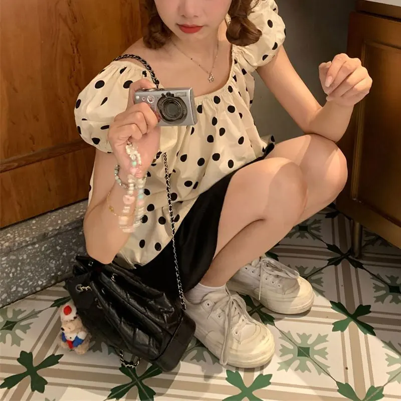 French Style Sweet Polka Dot Blouse Summer Fashionable Puff Sleeve Women's Clothing Casual Loose Round Neck Folds Basic Shirts