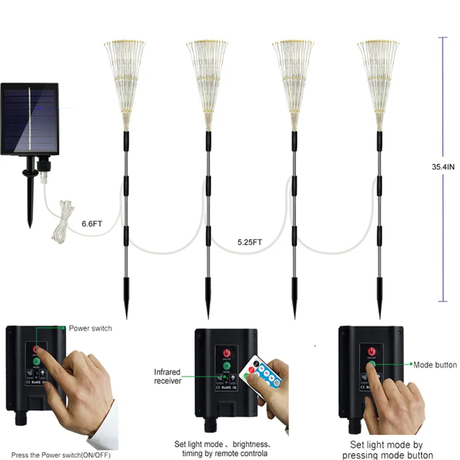 Luces solares creativas 4 en 1 480LED para decoración de jardín, lámparas de paisaje para césped, luz impermeable para patio de fuegos artificiales de Navidad