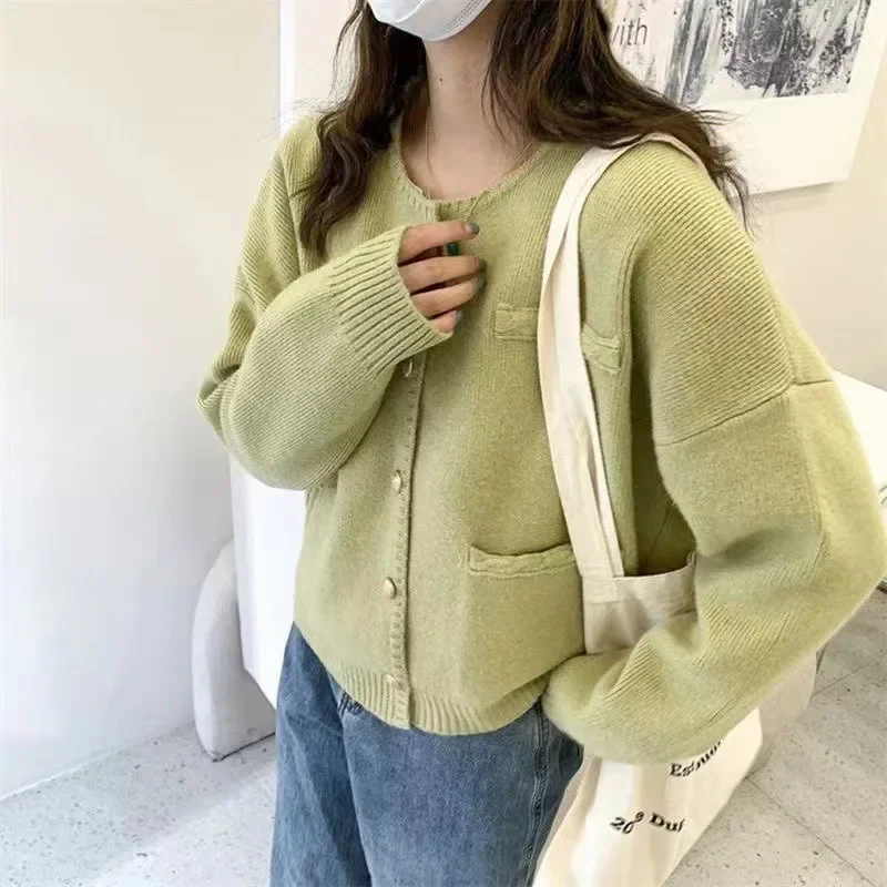 Women Red Knit Cardigans New Chic O-Neck Single Breasted Knit Sweater Big Pockets Cardigans Sweater Christmas New Year Clothes