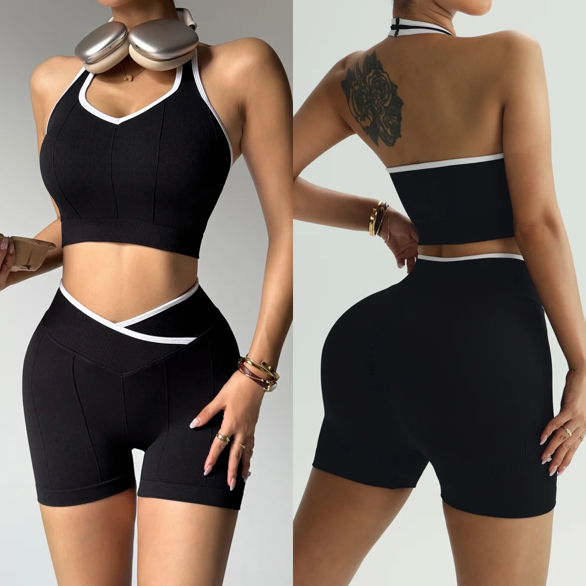 

Комплект из 2 предметов: черно-белый комплект для йоги с модным топом в стиле пэчворк и дышащими шортами с высокой талией, набор для занятий в спортзале для женщин